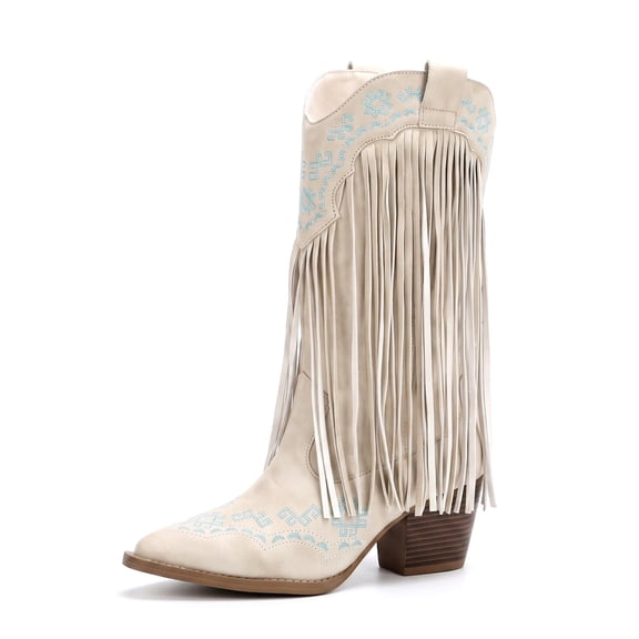 SACFOF Women Western Cowboy Fringe Boots Pointed Toe Cowgirl Knee High Tassel Boot