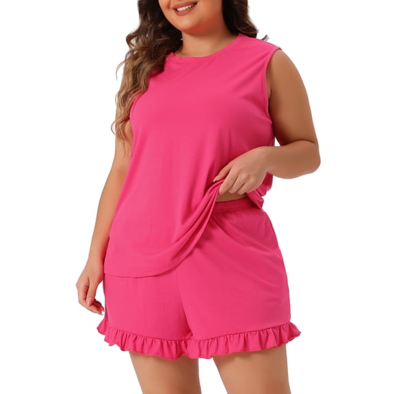 DARING DIVA Women's Plus Size 2-Piece Ruffle Knit Sleeveless Pajamas Set 1X Hot Pink