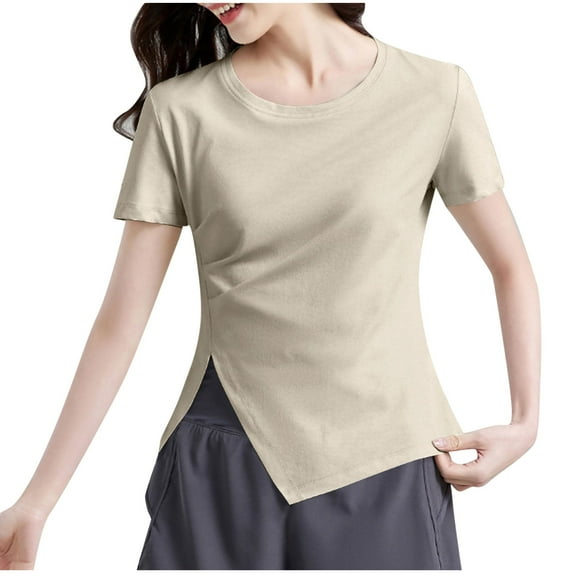 Youyipin Womens Tops Women's Workout T-Shirts Loose Fit Short Sleeve Cotton Running Basic Tee Tops With Split Hem Basic Tees For Women