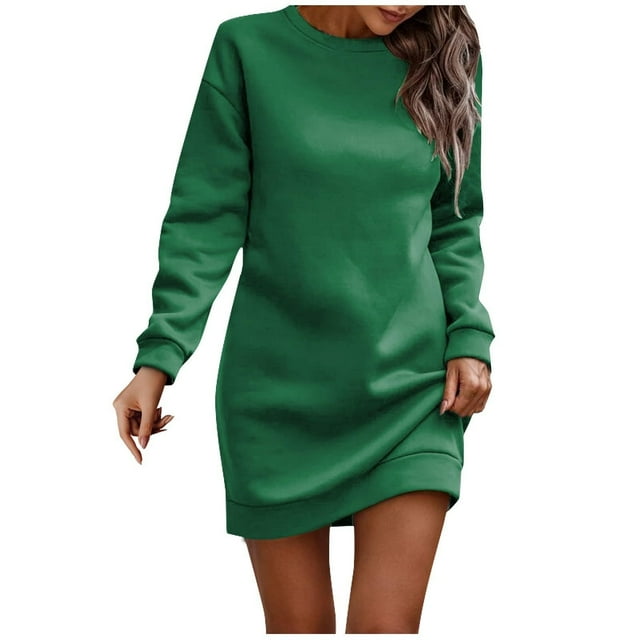 Womens Casual Plus Velvet Sweater Dress - Long Sleeve Round Neck Solid Color for Fall/Winter Comfort