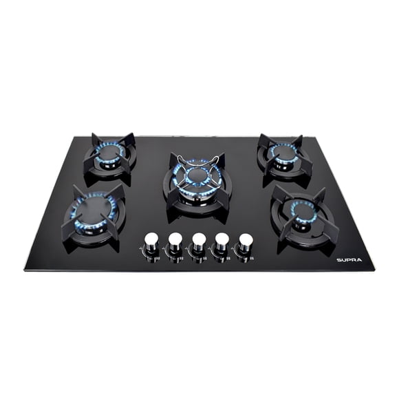 SUPRA Parrilla A Gas Empotrable ONIX 76 Cristal Templado 5 Quemadores Con Triple Flama Negro Mate 76 cm