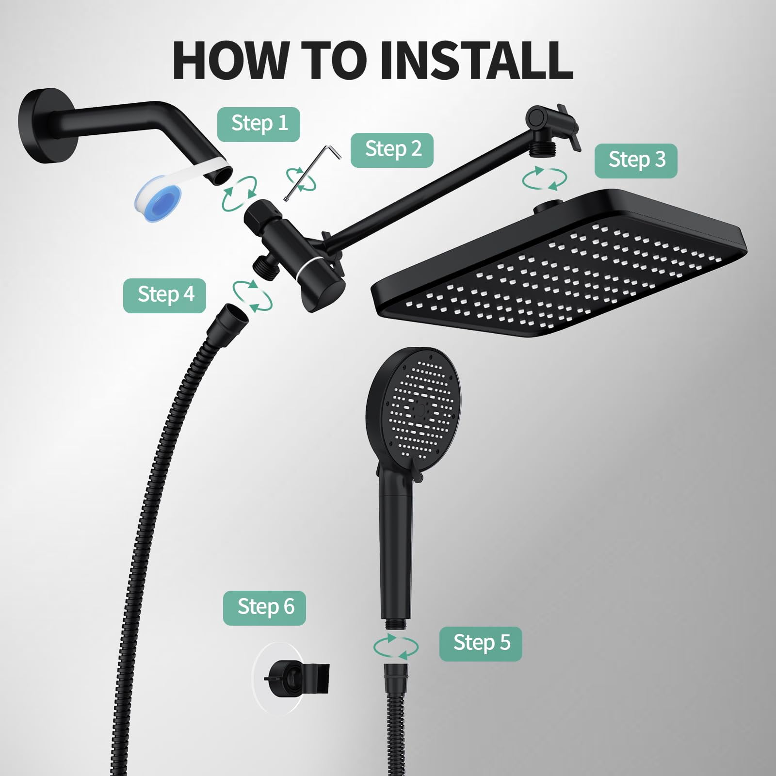 12 Inch Wide Rain Shower Head With Filtered Handheld Combo  High Rainfall 9 Spray Modes 9-inch Extension Arm Comes Filter Removes Chlorine(black)
