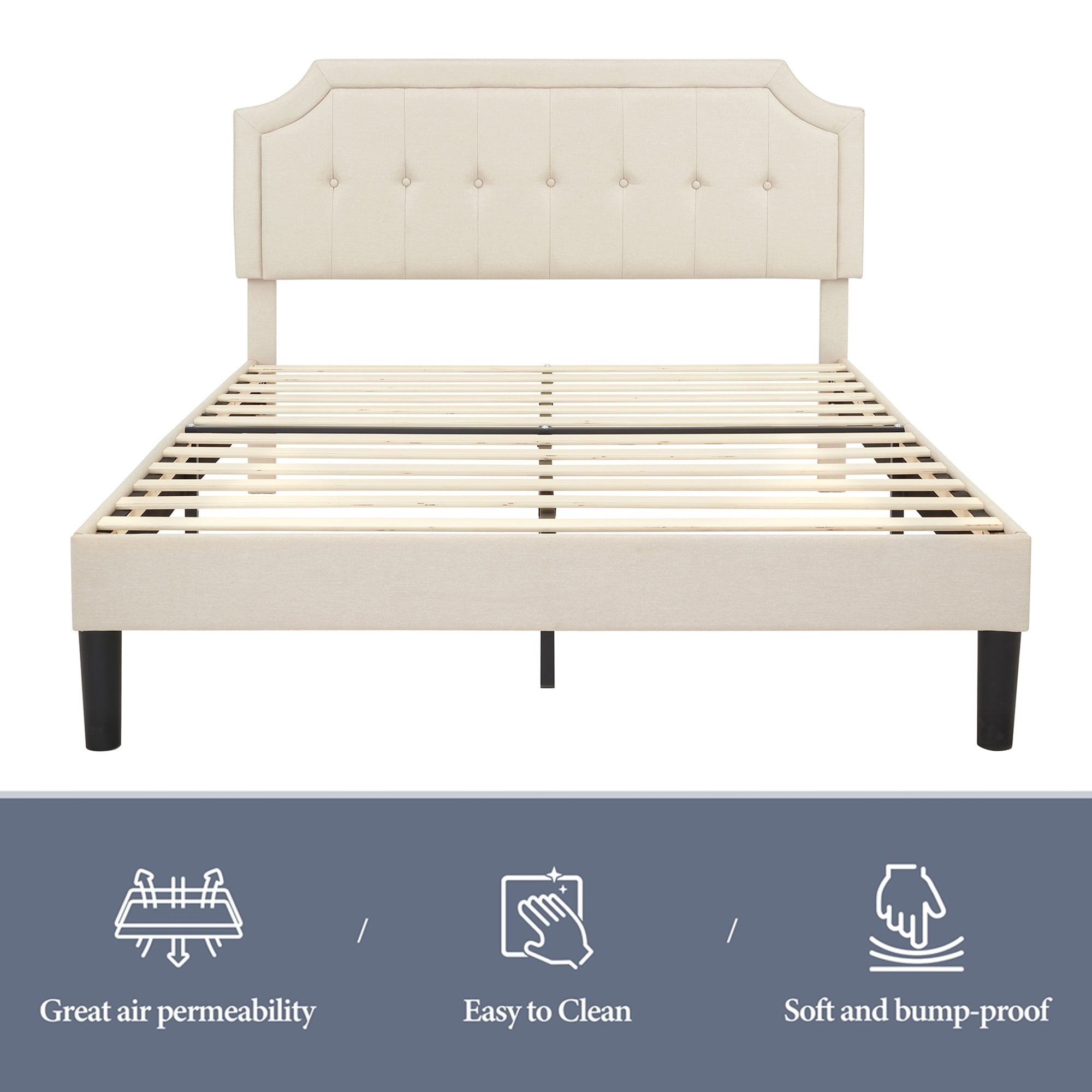 Javlergo Full Size Bed Frame with Upholstered Adjustable Diamond Stitched Panel Headboard, Wood Slat Support/Easy Assembly, Beige