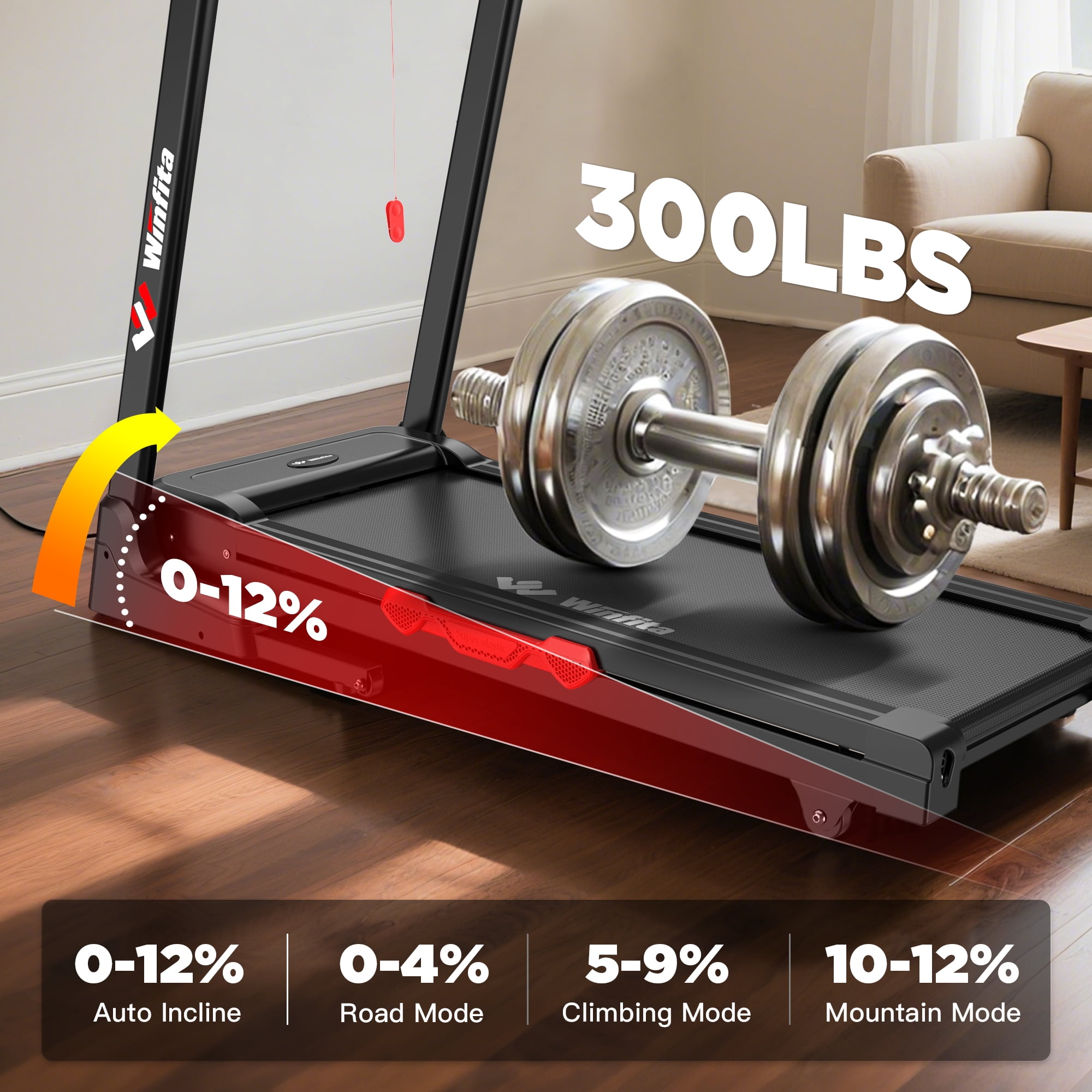 Winfita Treadmills for Home, Treadmill with 0-12% Auto Incline, 3.5HP Folding Treadmills for Running Walking with 300LBS Weight Capacity, Incline Treadmill Equipped with Bluetooth & Pulse Monitor