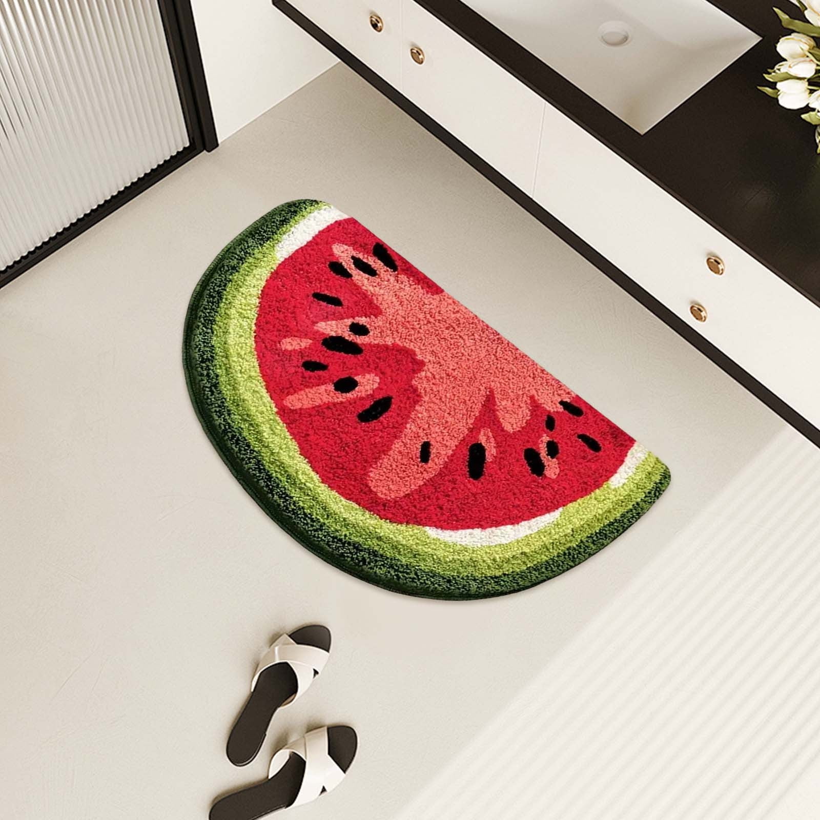 Playtime Cozy Watermelon Cute Fruits Half Round Shaped Bedroom Bathroom Doorway Kitchen Floor Rug Carpet Water Absorption Non-Slip mat for Kid's Room (Red, 40 * 60CM)
