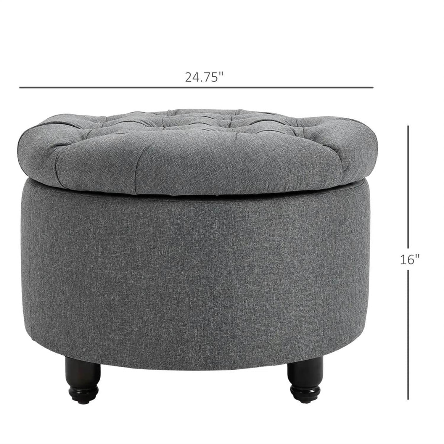 Demi Bonn 24" Round Ottoman Storage Footstool with Linen-touch Fabric, Removable Lid, Button Tufted Footrest for Living Room and Bedroom, Gray
