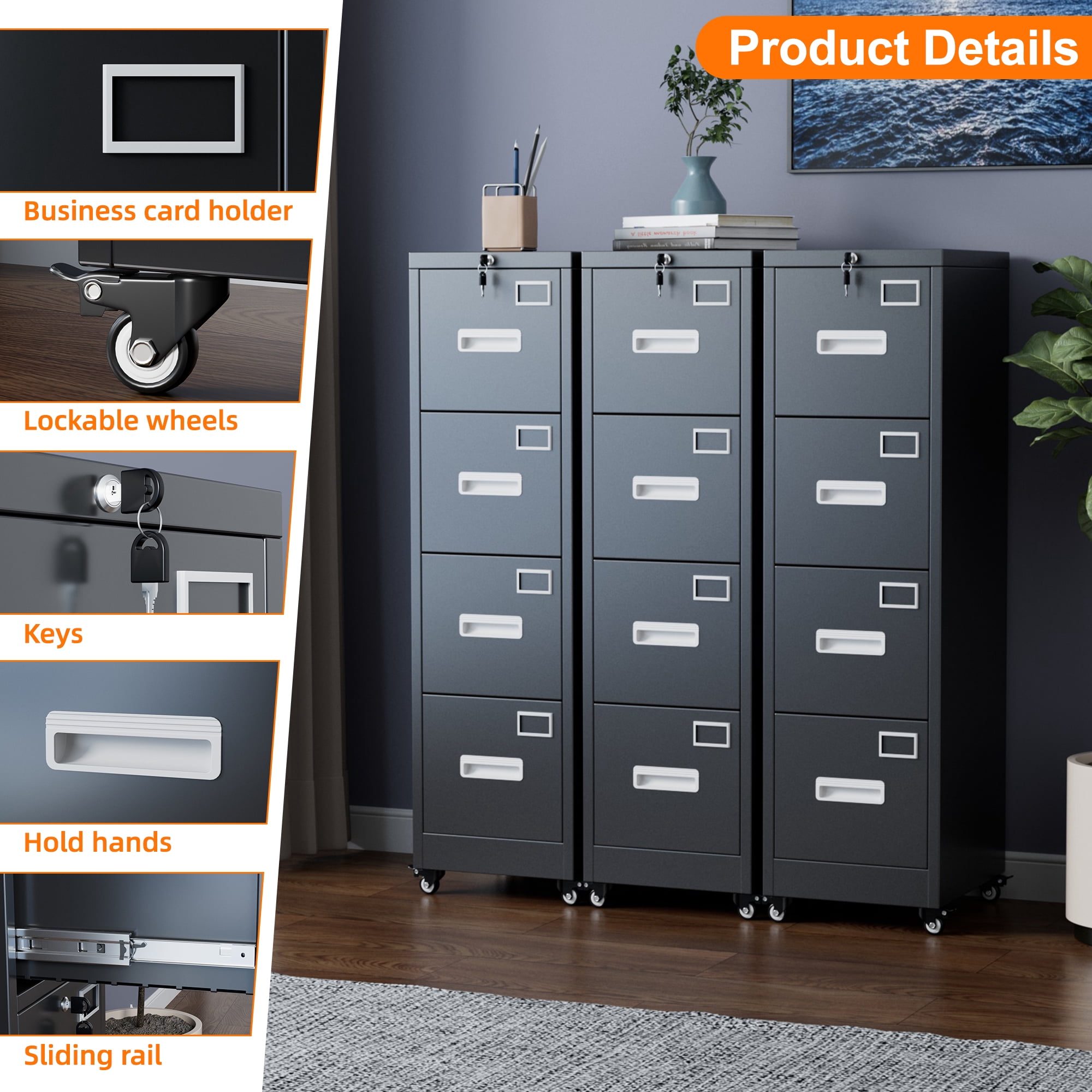 HUAXRON 4 Drawer Lockable File Cabinet with wheels, Metal Office Vertical File Storage Cabinet for A4 Letter/Legal Size, Assembly Required (Black)