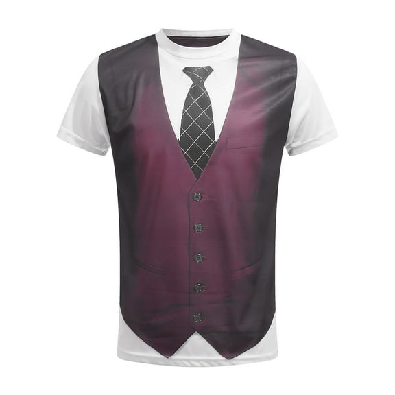 Eandarui Mens Two-Piece 3D Printed Tuxedo T-Shirt Short Sleeve Tie Vest Tux Shirt Fancy Dress Costume Burgundy 3XL