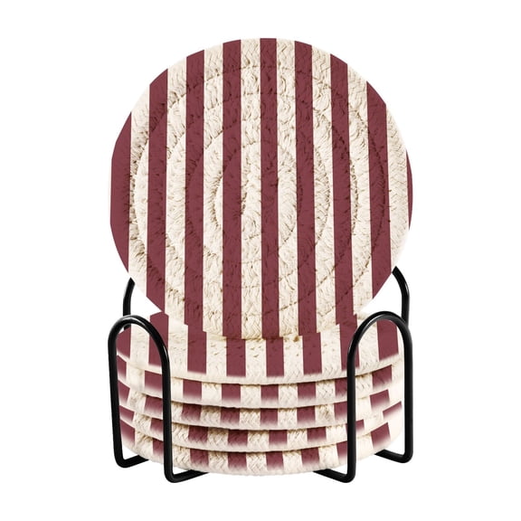 Haosy Set of 6 Drink Woven Coaster with Holder Heat Resistant Non-Slip Bar Coasters 4 Inches Dark Red and White Striped