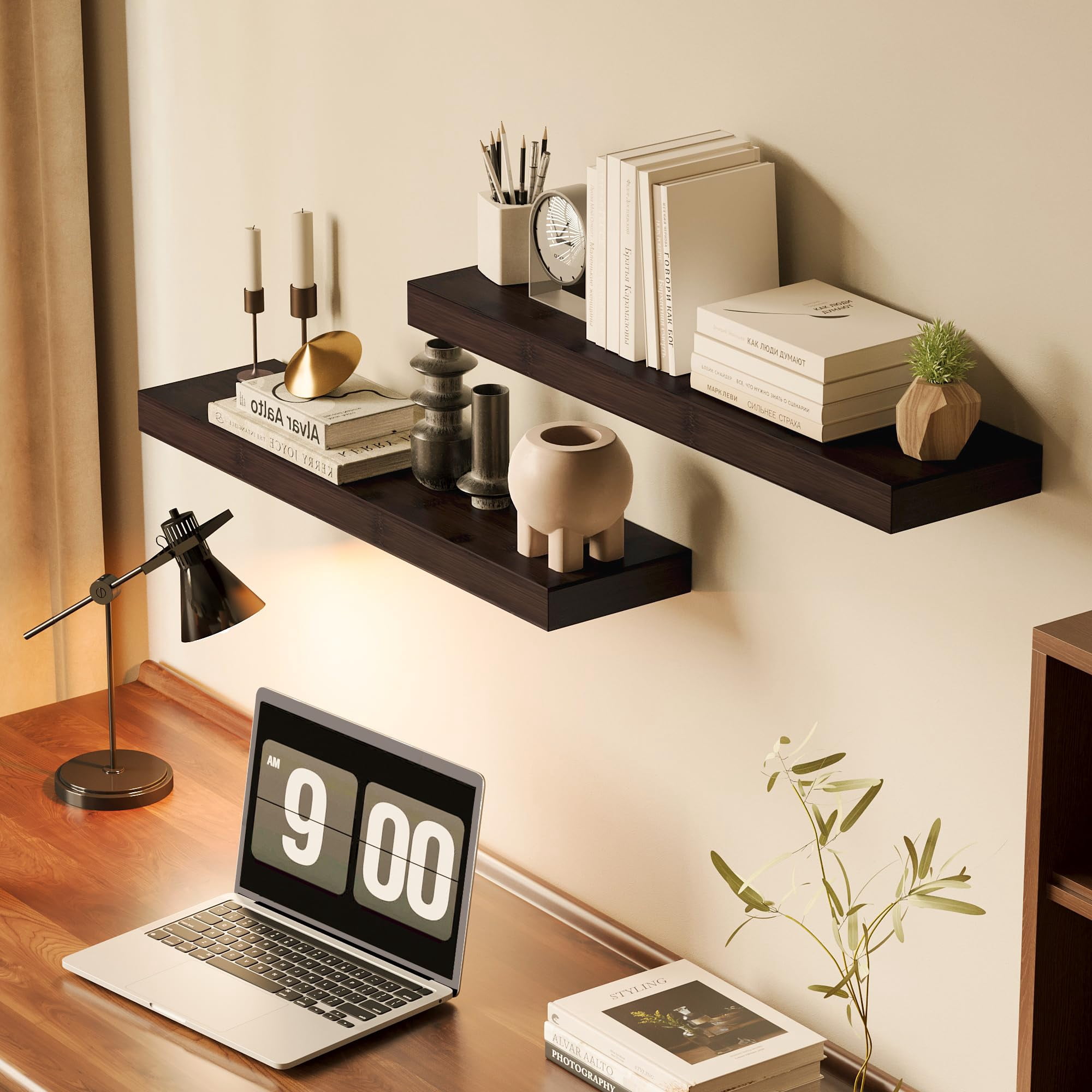Solid Floating Shelves  Set Of 2 With Invisible Brackets Wood Grain Decor For Living Room Bedroom Kitchen Bathroom & Office Storage