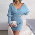 thumbnail image 6 of IROINNID Discount Semi Formal Dress for Women Long Sleeve Sweater Dress Sexy V-Neck Knit Bag Hip Solid Color Dress,Blue, 6 of 8