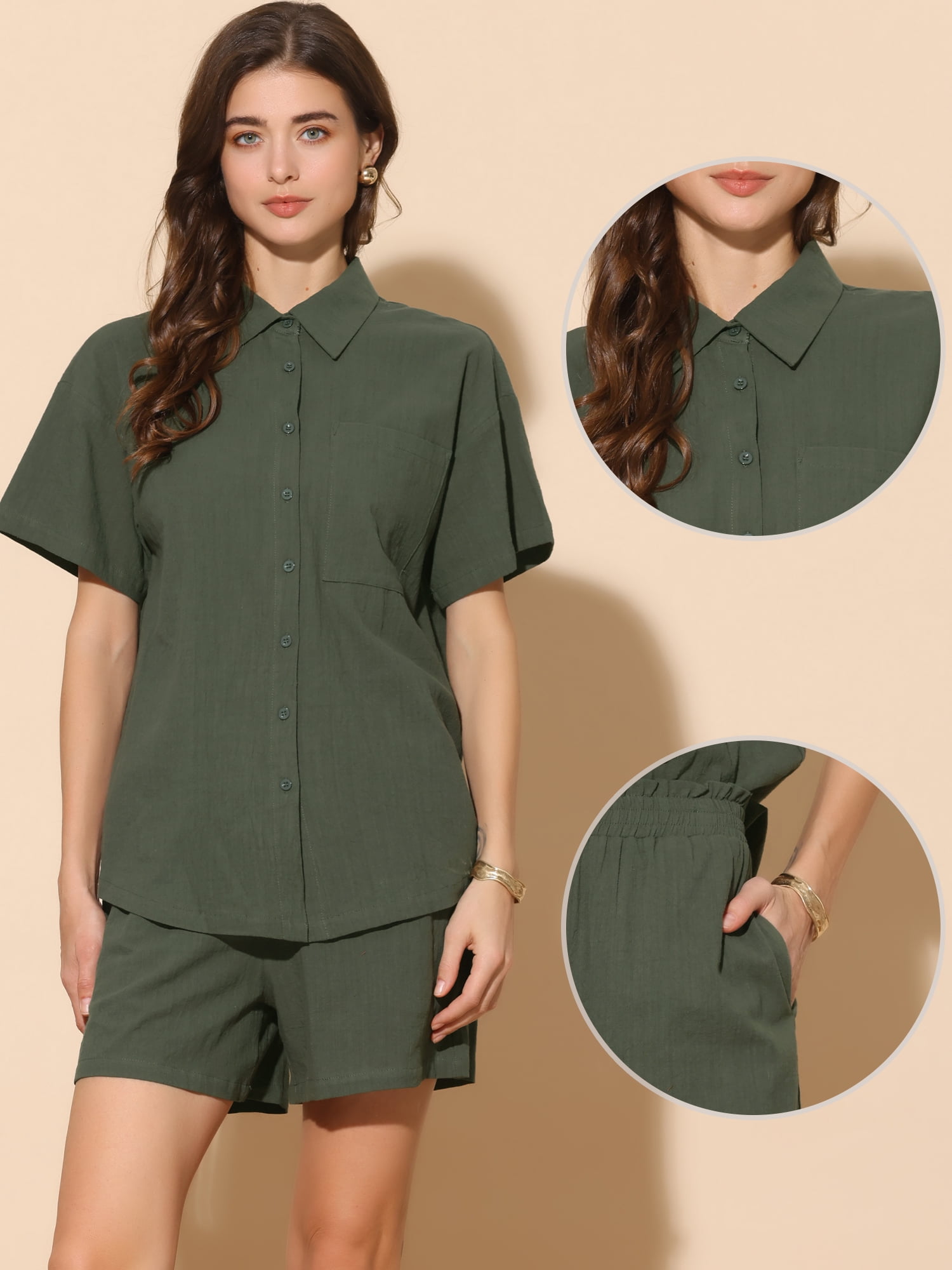 DARING DIVA 2 Pcs Women's Cotton Button Down Shirt Lounge Beach Short Sets M Army Green