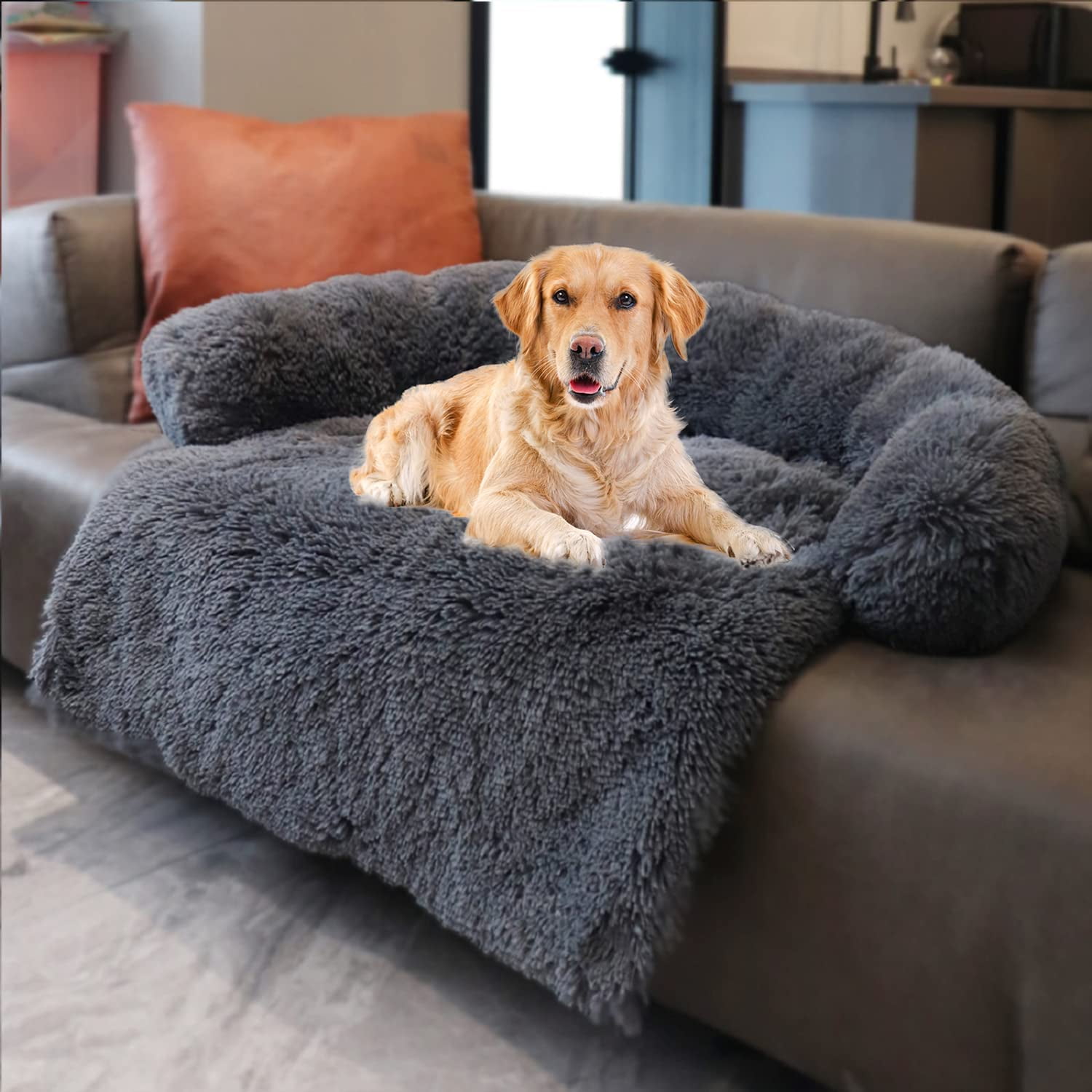 Pet Furniture Protector for Dog with Memory Foam Neck Bolster Ultra Soft Square Pet Bed Suitable for Small Dog/Cats MoonxHome Plush Pet Sofa Bed Removable Cover and Nonskid Bottom Dark Gray 