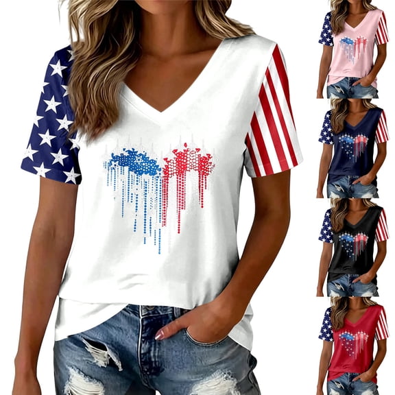 Women's 4th of July Shirt 2026 USA 250th Anniversary 1776-2026 Patriotic V Neck T Shirt for Everyday Wear