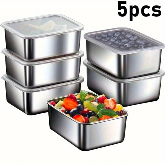 Stainless Steel Food Storage Containers 5-Pack, BPA-Free Airtight Stackable Boxes, Dishwasher Safe, 8.7x8.7x5.9in