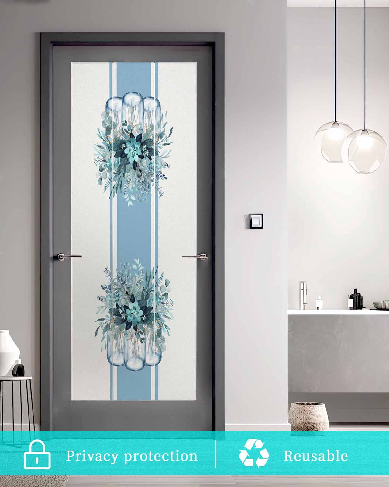 Window Privacy Film, Blue Eucalyptus UV Sun Blocking Window Tint Film Heat Control One Way Blackout Window Film, Spring Summer Floral Leaves Botanical Flowers Non Adhesive Static Cling 17.7x39.3 In