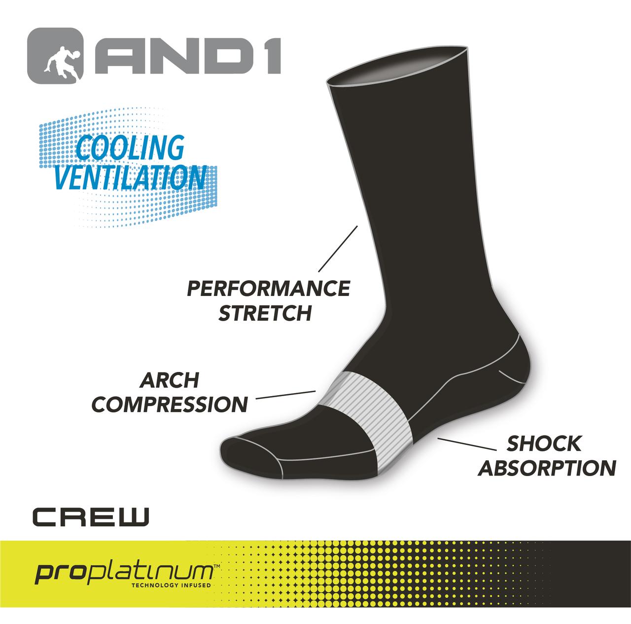 AND1 Men's Cushion Crew Socks, 12-Pack, Black photo 8