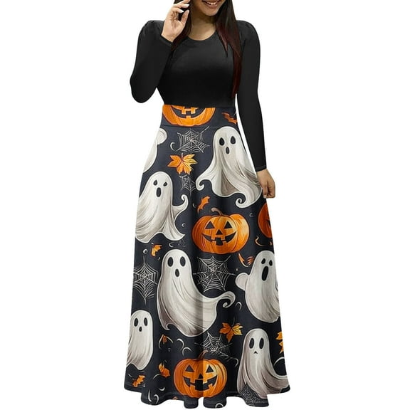 Mingw Womens Long Sleeve Halloween Graphic Dresses Funny Costume Festival Maxi Dresses