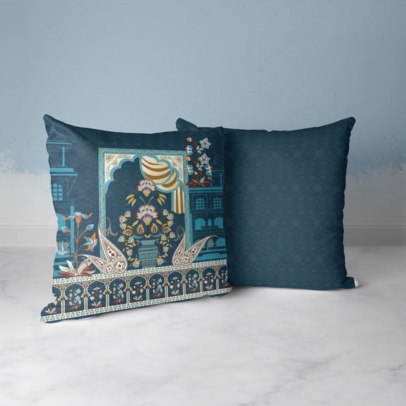 Mughal Paradise Throw Pillow with Removable Cover in Indigo 18x18