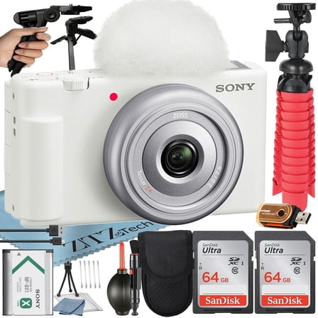 Sony ZV-1F Vlogging Camera (White) with 2 Pack SanDisk 64GB Memory Card   Tripod   Case   ZeeTech Accessory Bundle (International Version)