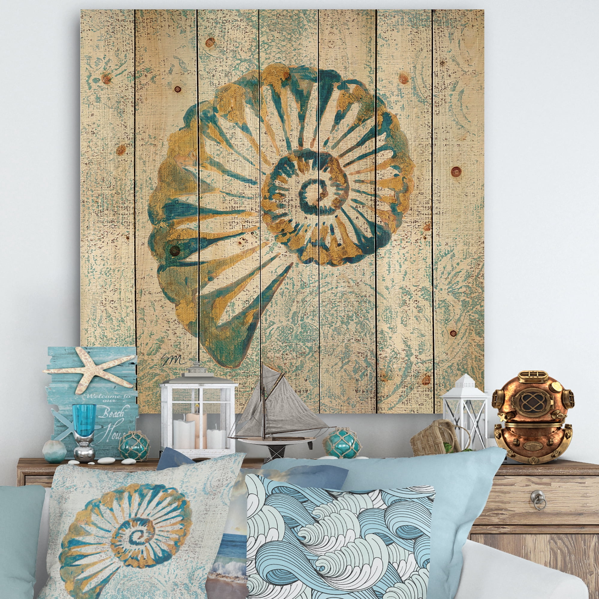 Designart 'Spiral Shell Hand Painted' Nautical & Coastal Print on Natural Pine Wood