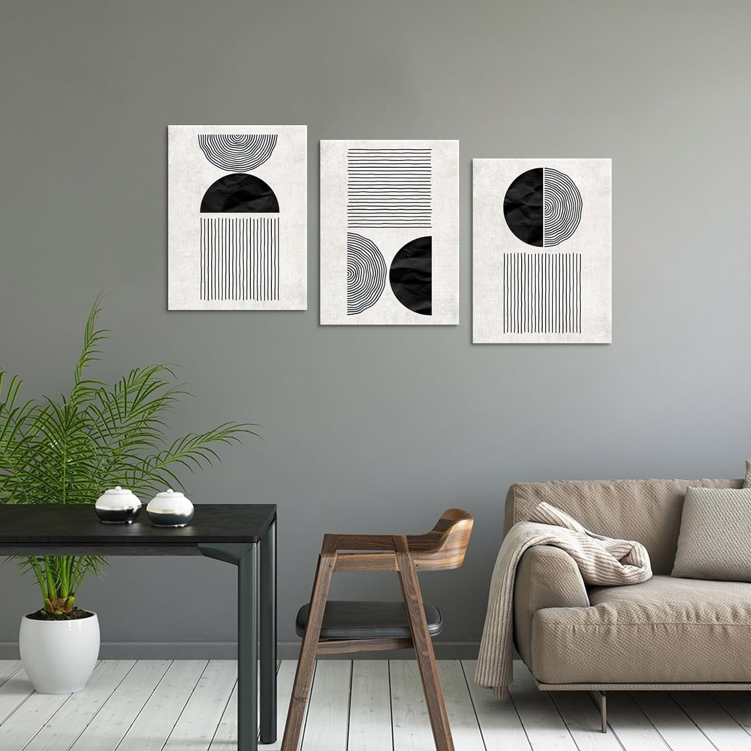 Black and White Wall Art Canvas Set Mid Century Boho Pictures Modern Geometric Lines Half Circles Wall Decor Minimalist Bohemian Abstract Painting for Living Room Bedroom Office 12"x16"x3Pc