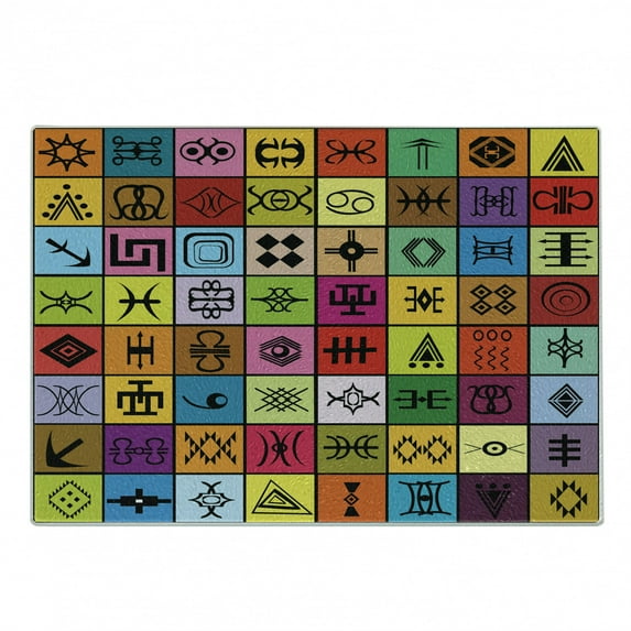 Prehistoric Cutting Board, Elements Collage in Colorful Squares Aboriginal Symbolic, Decorative Tempered Glass Cutting and Serving Board, Small Size, Multicolor, by Ambesonne