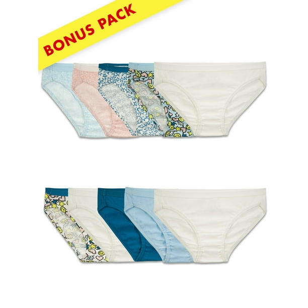 Fruit of the Loom Assorted Girls' Bikini Underwear, 9+1 Holiday Bonus Pack Panties (Little Girls