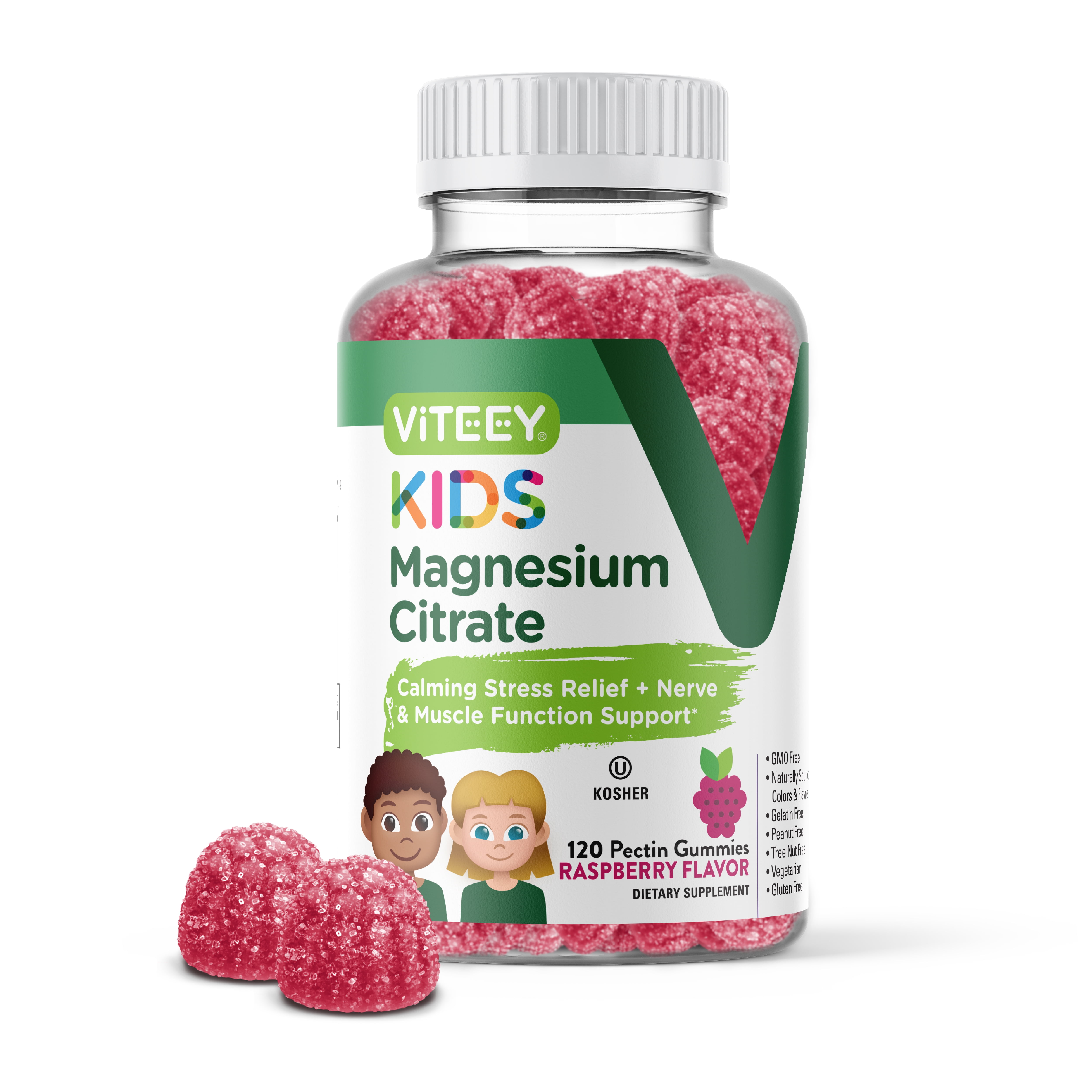 Viteey Kids Magnesium Gummies, Calm Magnesium Supplements, Raspberry Flavor, 120ct
