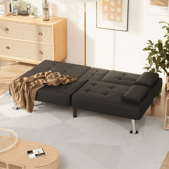Lacoo 2-Pack Futon Sofa Bed Modern Convertible Sleeper Couch with Removable Armrests & Cup Holders for Living Room,Small Spaces,PU Leather Black