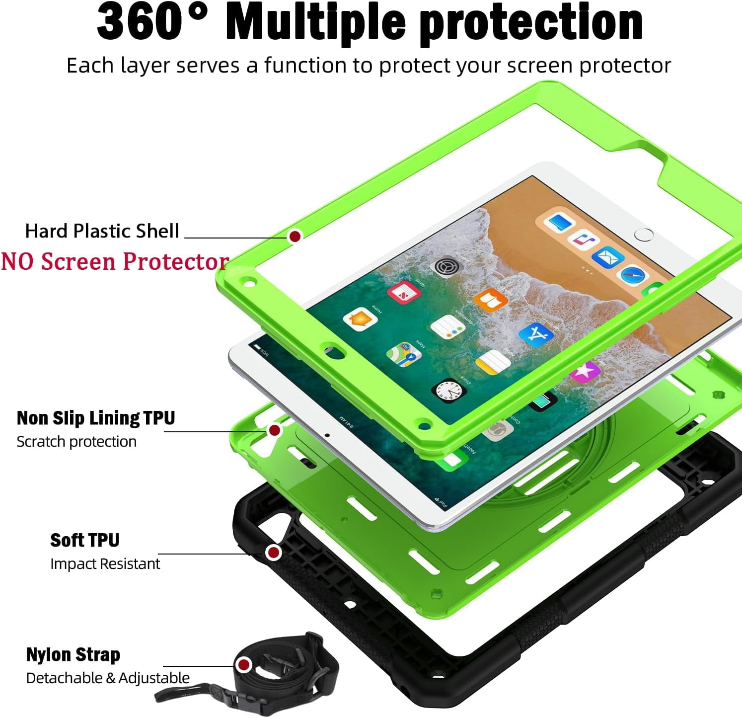 BMOUO iPad 6th / 5th Generation Case,iPad 9.7 2018/2017 Case,iPad Air 2 Case,3 Layer Shockproof [360 Swivel Stand][Hand Strap][Pencil Holder] Kids Case for iPad 9.7 Inch 2018/2017 - Black+Green