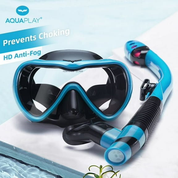 Aquaplay 180° Panoramic View Snorkel Mask for Adults - Anti-Fog, Anti-Leak Dry Top Snorkel Set, Comfortable Eco Silicone Full Face Maskļ¼Blueļ¼