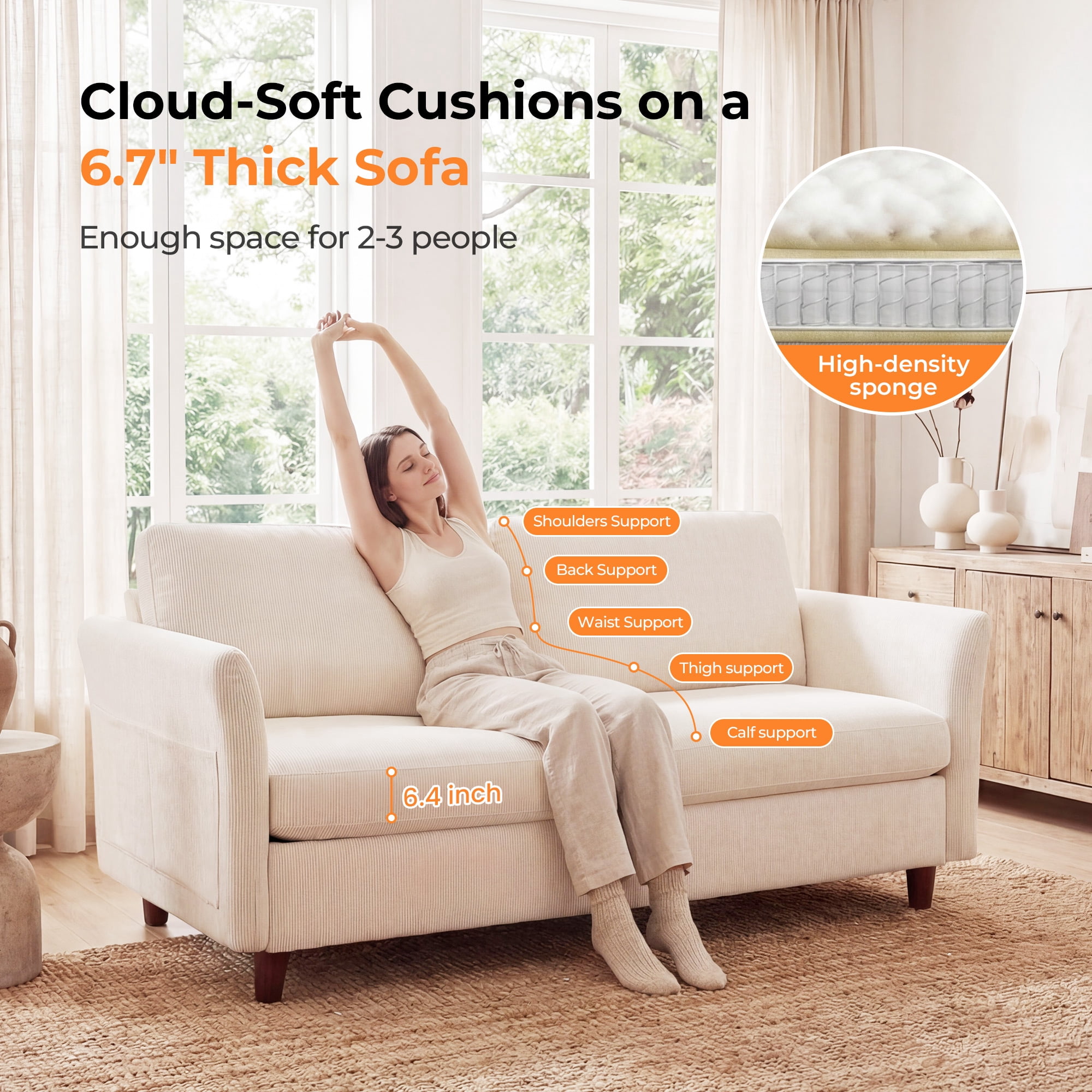 Poshby 79.1'' Comfy Couches Corduroy Sofas Loveseat 3-Seater with Side Pocket for Living Room, Beige