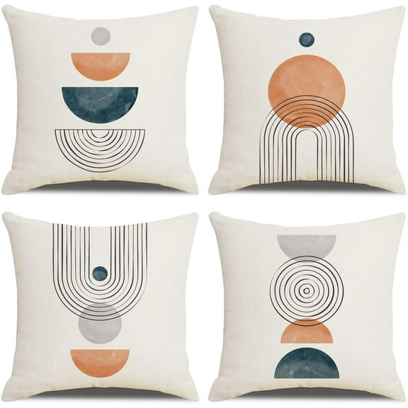 Boho Throw Pillow Covers 18x18 Set of 4 Mid Century Modern Geometric Cotton Linen Arch Sun Throw Pillow Case Decorative Cushion Cover for Couch Beadroom Sofa