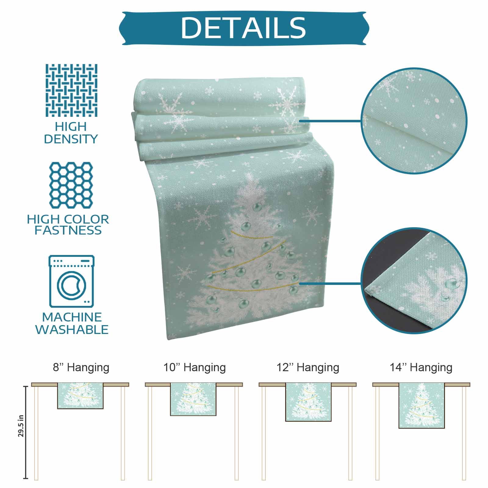 Ldtrchee Teal Green Christmas Tree Table Runner 90 Inches, Balls Snowflake Xmas Tree Bed Runner Dresser Scarves Tabletop for Indoor Outdoor Parties/Ceremony/Banquet, 13" x 90"