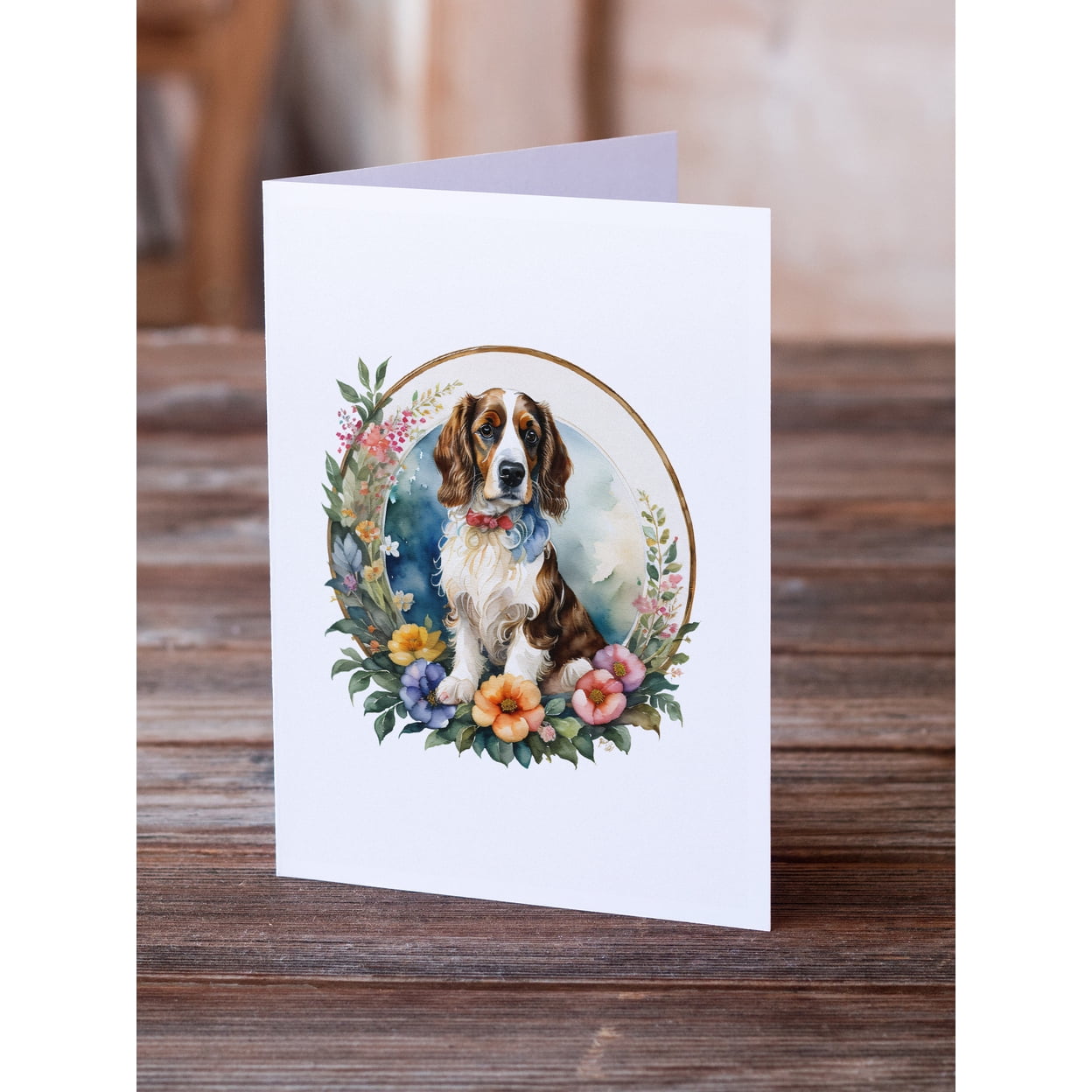 Welsh Springer Spaniel and Flowers Greeting Cards and Envelopes Pack of 8 7 in x 5 in