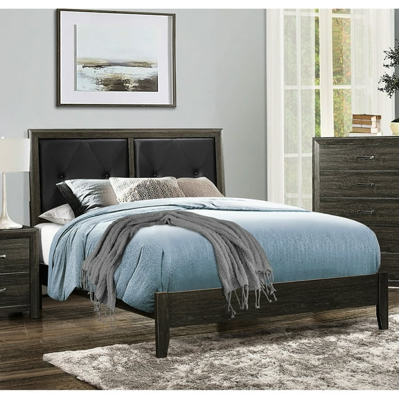Dark Gray Queen Bed With Silky Faux Leather Headboard And Solid Wooden Frame For Bedroom Furniture Soft Touch