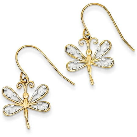 14k & Rhodium Diamond-cut Dragonfly Shepherd Hook Earrings