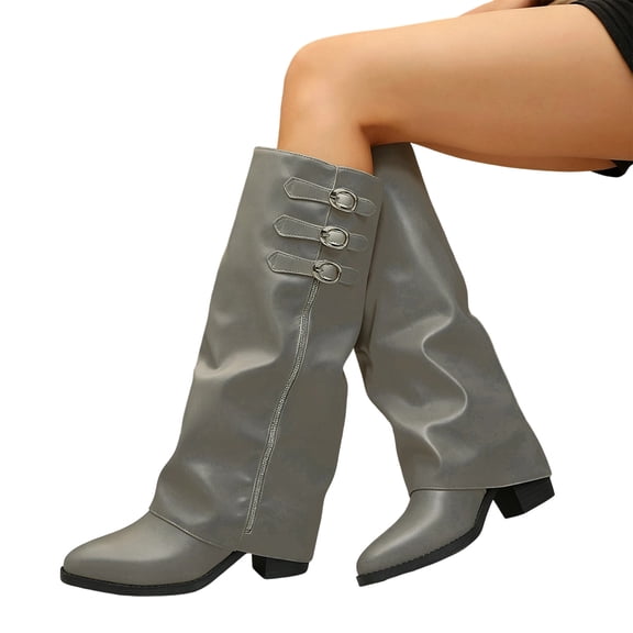 Xfvqtps Slouchy Knee High Boots for Women Fold over Mid Heel Pointed Toe Buckle Strap Faux Leather Tall Boots