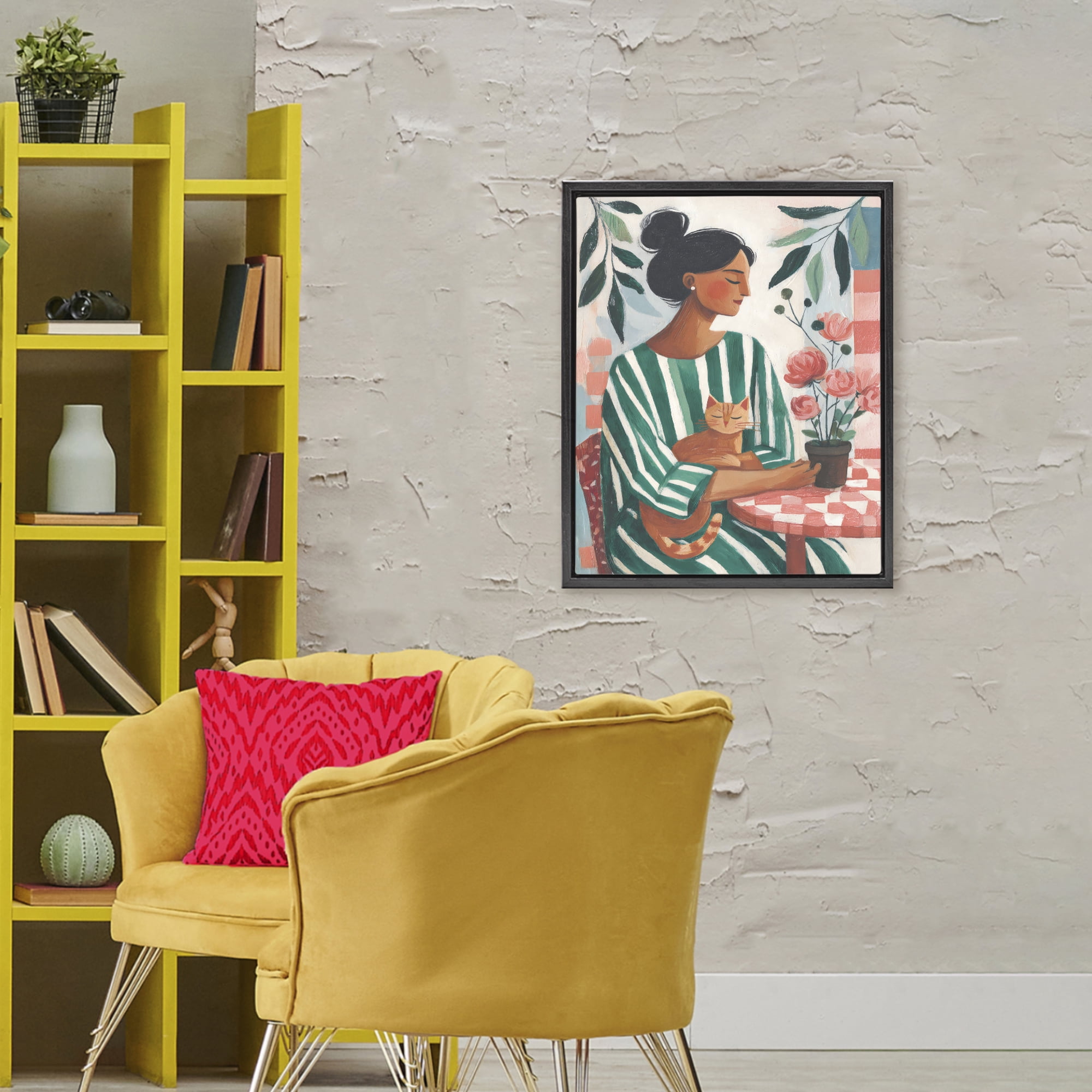 Stupell Industries Cat Lady in Striped Dress Black Framed Floater Canvas Wall Art, design by Sisi and Seb