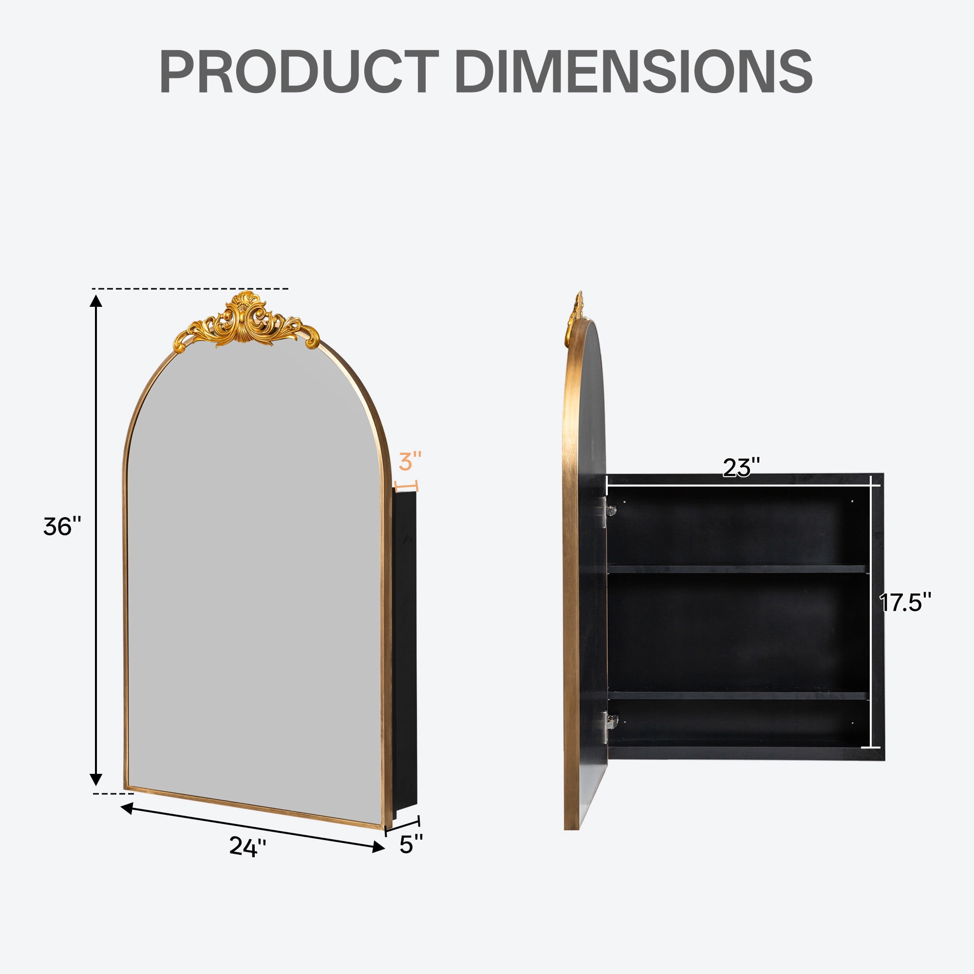 MAYEERTY 36"×24" Gold Iron Carved Arched Mirror Cabinet Rounded Corners, Bathroom Storage for Bathroom