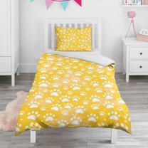 Yellow Dog Paw Footprint Duvet Cover and Pillowcase Set for Single Bedding, Bedroom Accessories for Kids Teens
