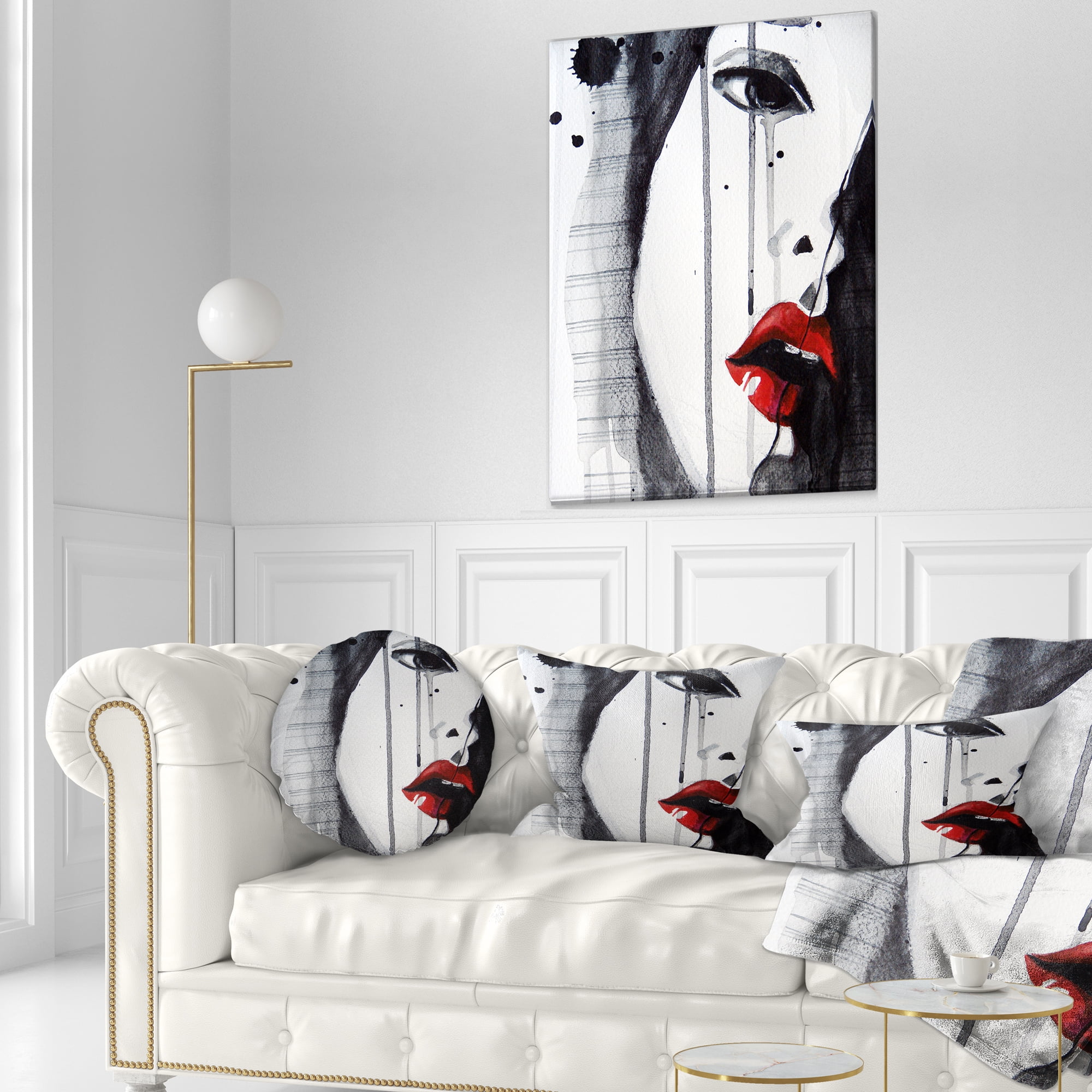 Designart Black Illustrated Girl Close up - Abstract Portrait Throw Pillow - 12x20