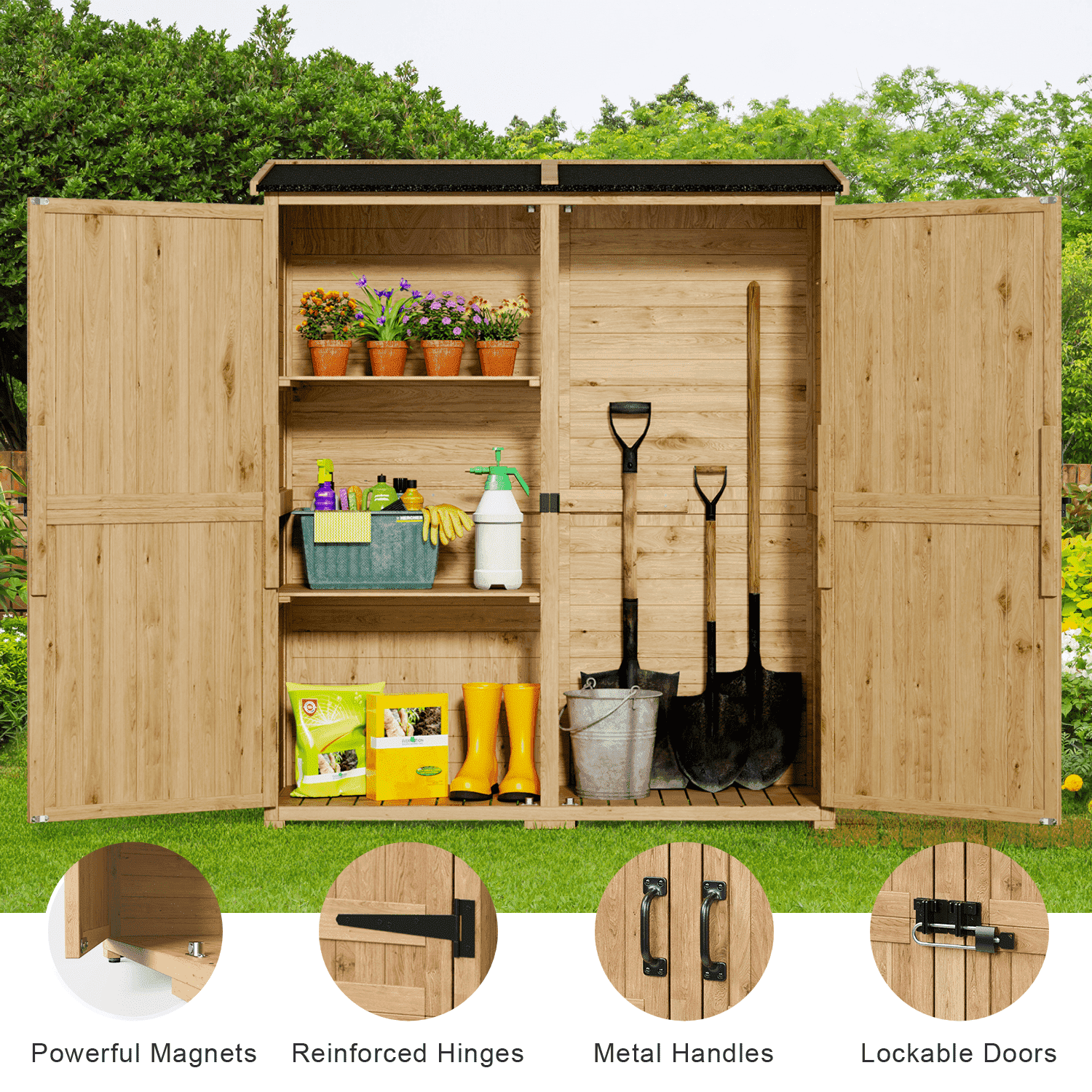 Lofka Wooden Outdoor Storage Shed with Asphalt Roof, Solid Fir Wood Garden Cabinet, Natural