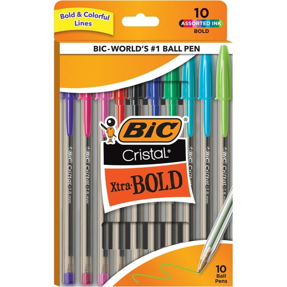BIC Cristal Xtra Bold Ballpoint Pen, Bold Point, 1.6 mm, Assorted Ink, 10 Count