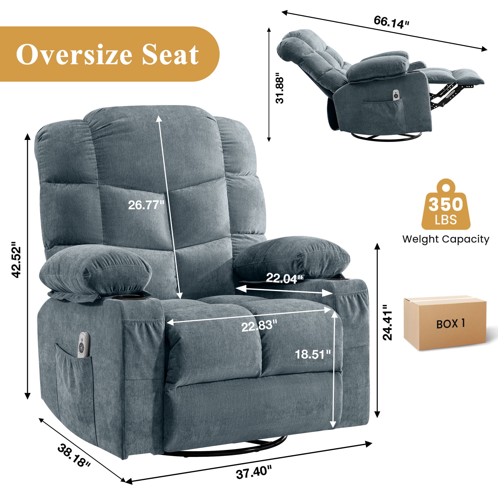 Alvantor Oversized Swivel Recliner Chair with Massage & Heat Function for Adults, Single Rocker Sofa with Cup Holders for Bedroom Home Theater Blue