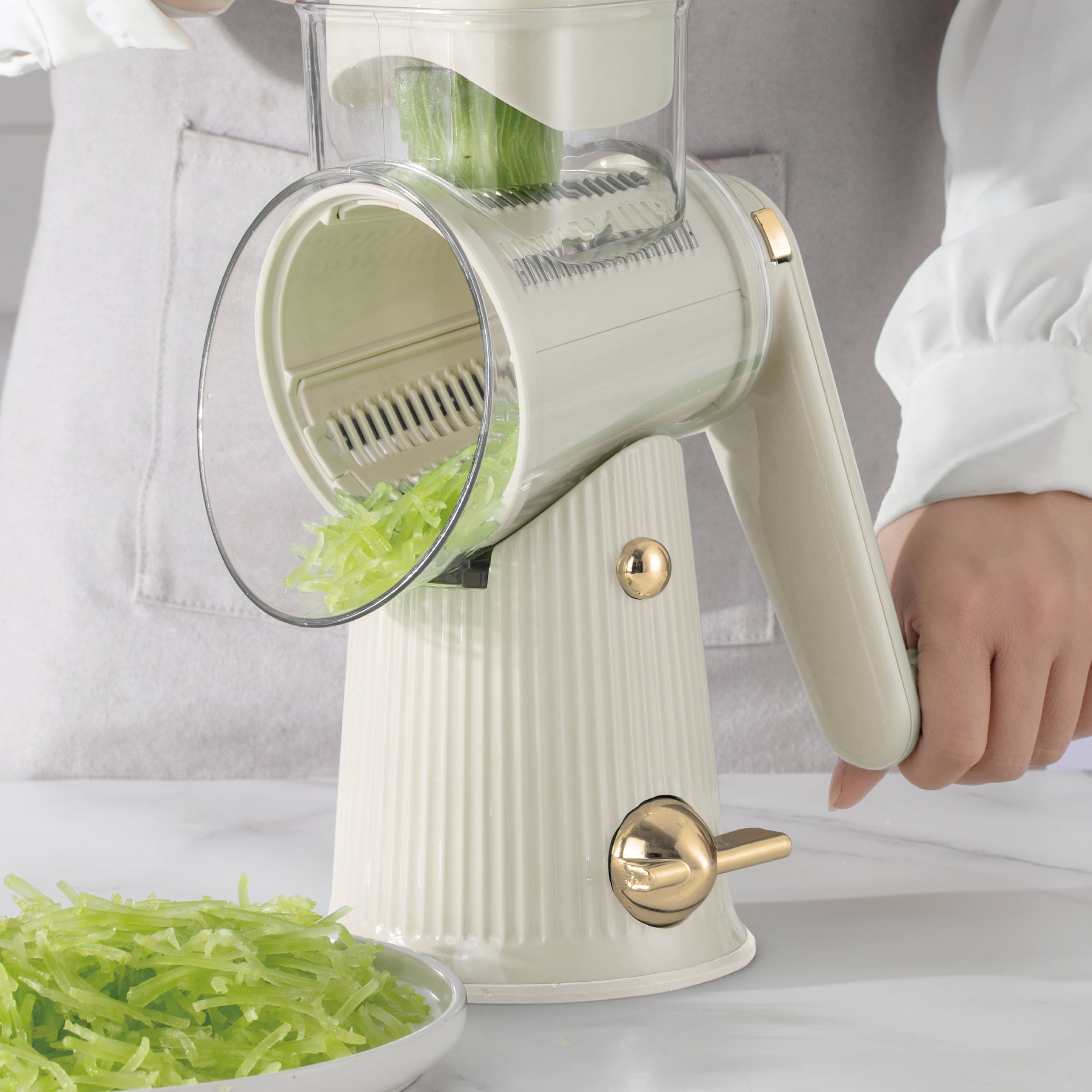 Cook with Color Plastic Rotary Grater with 5 Interchangeable Stainless Steel Blades – Cheese Grater, Mandoline Slicer, & Vegetable Shredder