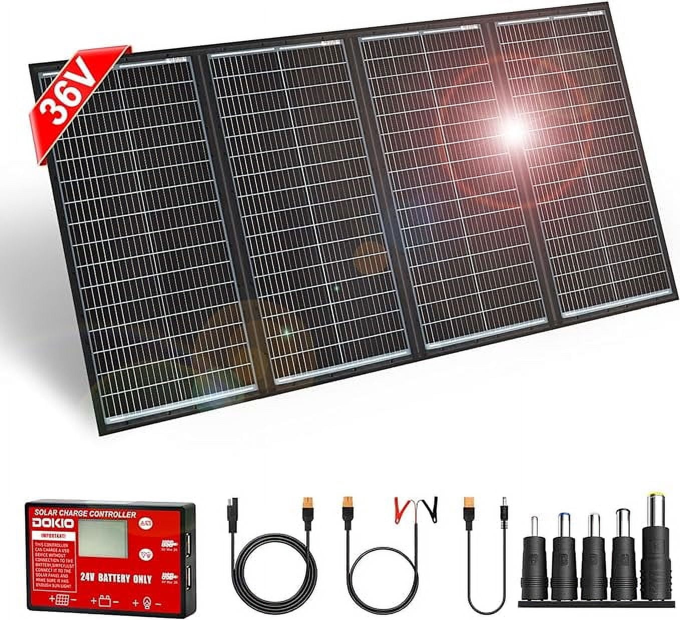 DOKIO 300W 36V Black Portable Solar Panels Kit Folding Solar Charger for 24v Batteries/Power Station AGM LiFePo4 RV Camping Trailer Car Marine