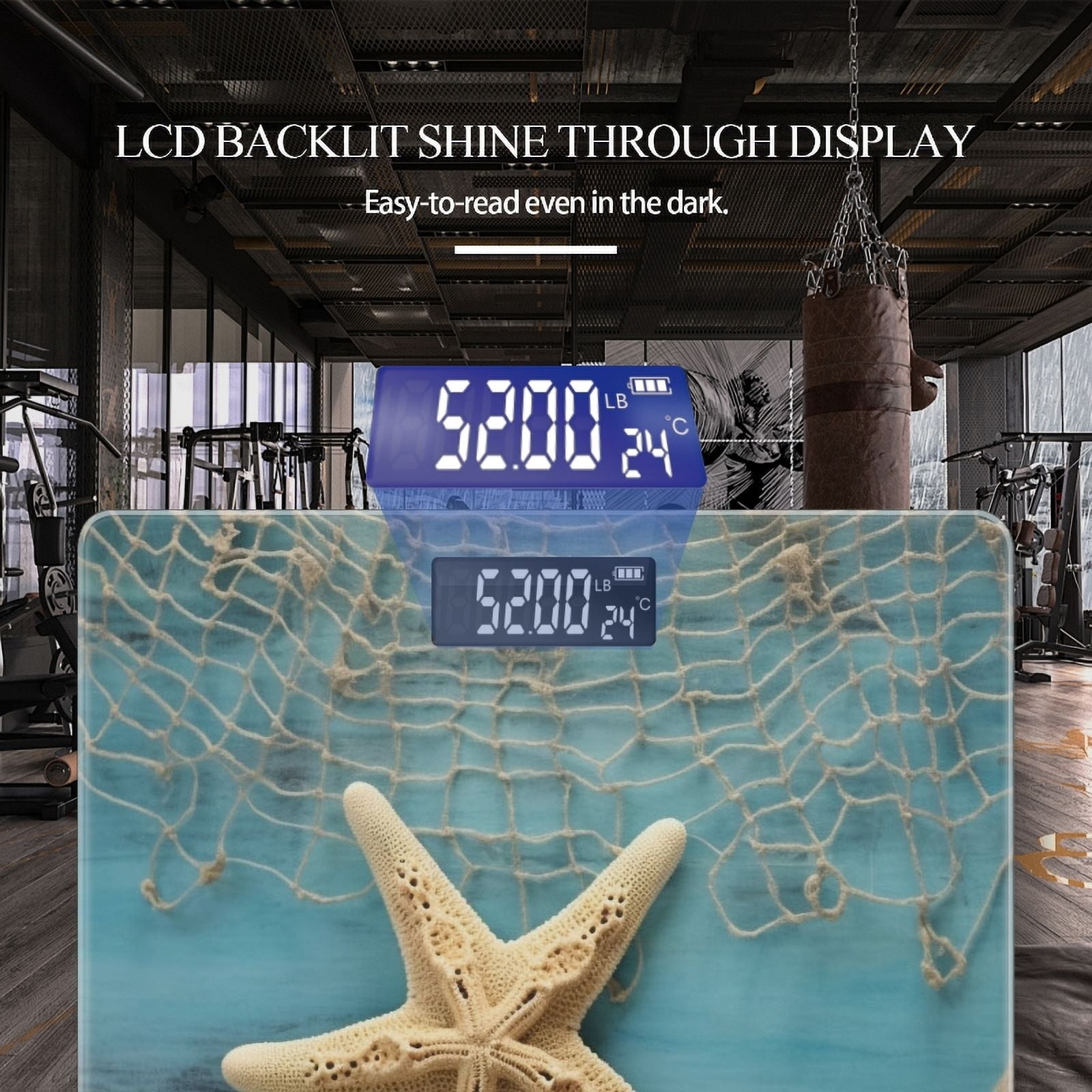 High Precision Body Weight Scale Smart Bathroom Scales with Large LCD Display(400lbs),Decorative for Bedroom-Starfish, And Fishing Nets On Blue Wooden Background