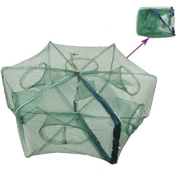 Red de pesca plegable portátil para peces, camarones, cangrejos, cangrejos, trampa de malla fundida, automática, fácil de usar, jaula hexagonal de 6 agujeros, cangrejo, peces y camarones